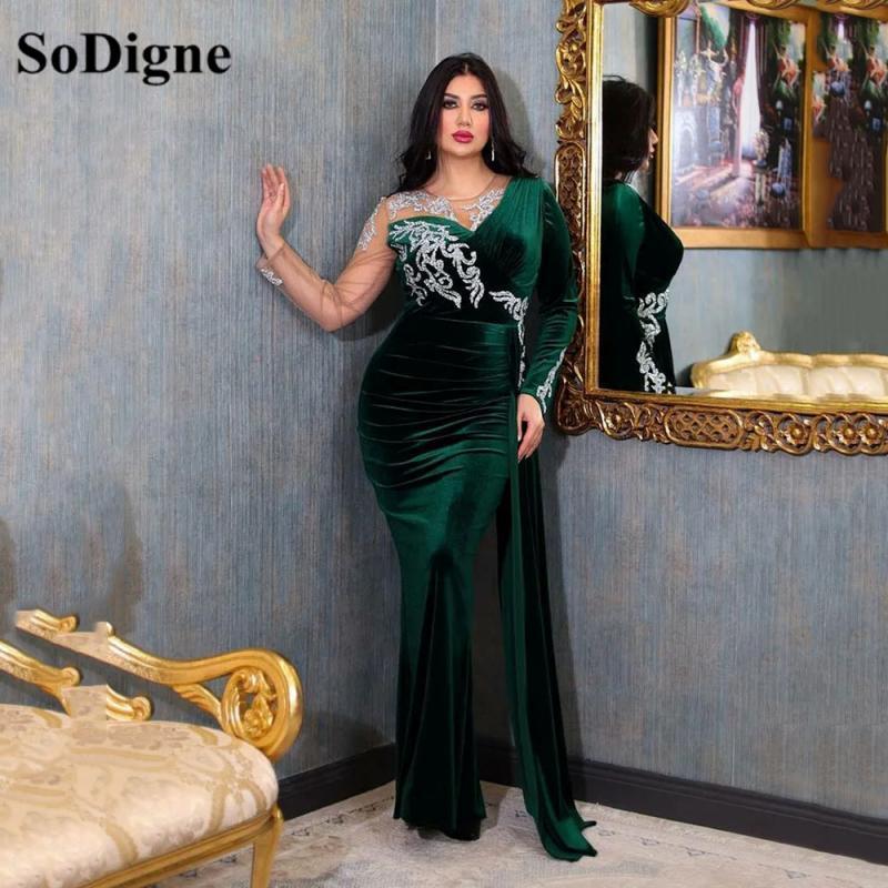 SoDigne Green Velvet Evening Dress 2023 For Wedding Party Lace Beaded Long Sleeves Vintage Mermaid Prom Gown Celebrity Dress
