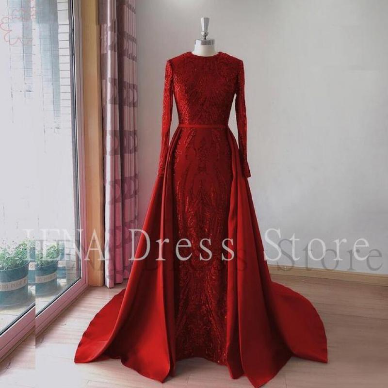 14320-1#Elegant Wedding Evening Dress For Women 2022 Muslim Long Sleeves Mermaid With Detachable Train Sequined Prom Party Gowns