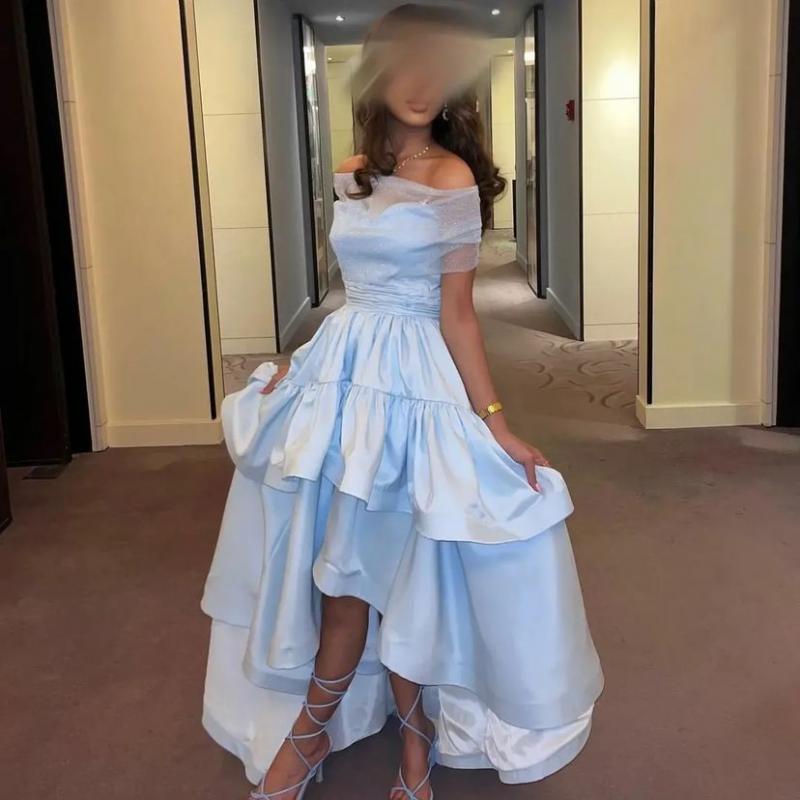 Baby Blue Satin Evening Dress A-Line Homecoming Gowns Sleeveless High Low Prom Dress Saudi Arabric Women Party Gown Tiered