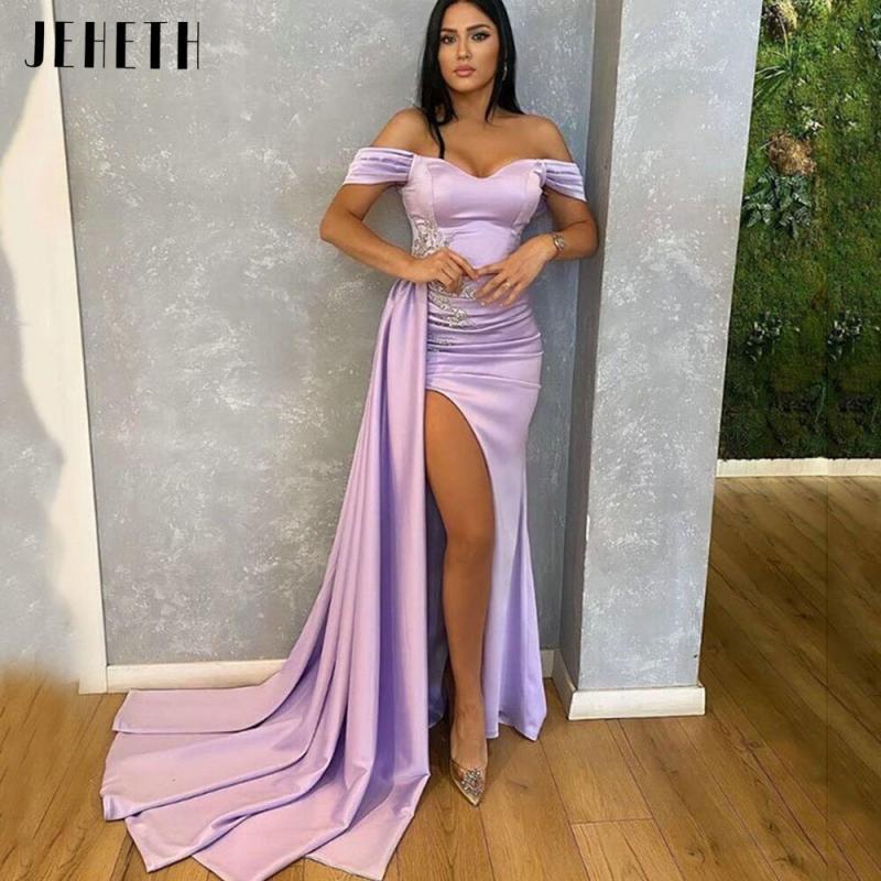 JEHETH Off The Shoulder Purple Evening Dress 2023 Mermaid Long High Side Split robe Sexy Prom Lace Appliques Celebrity Gowns