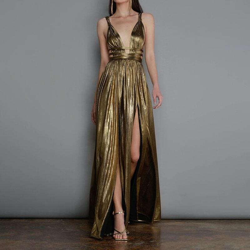 Sexy V-neck High Split Dress Gold Exquisite Party Slim Sleeveless Prom Dresses for Women Floor Length 2023 Formal Evening Gown