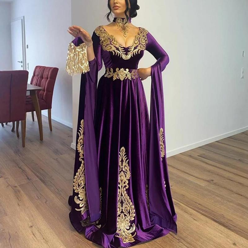 Purple Caftan Evening Dresses V Neck Gold Appliques Full Sleeves Formal Women Dinner Party Prom Gown Tailore-Made Cocktail Dress