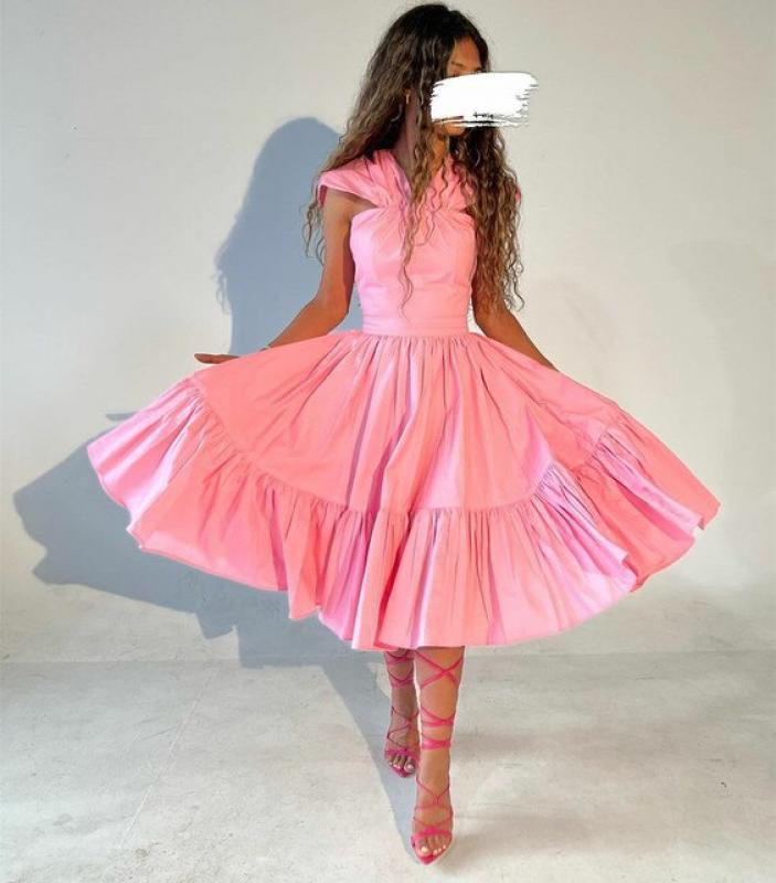 Short Pink Taffeta Evening Dresses Pockets A-Line Muslim Tea Length Cocktail Prom Dress فساتين السهرة Homecoming Party Dress