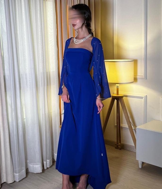 Royal Blue Prom Dresses 2023 Formal Party Women Strapless Evening Gowns Beaded Long Sleeves Chiffon Jackets Wedding Guest Dress