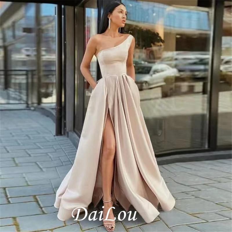A-Line One Shoulder Women's Evening Dresses Sexy Satin Sleeveless Simple Formal Party Gowns Side Split Pocket 2023 Robe Soirée