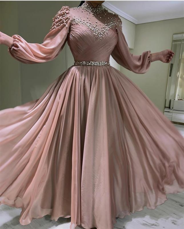 Vintage Long Tulle Pink Muslim Evening Dresses فساتين Sheath Halter Neck Floor Length Formal Prom Gowns Party Dress for Women