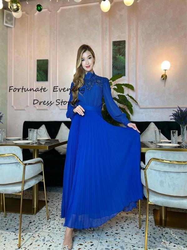 2023 Women Evening Prom Dresses Long Sleeves High Neckline Ruffle Belt Rhinestone Ankle-Length Dark Blue Chiffon A-Line Applique