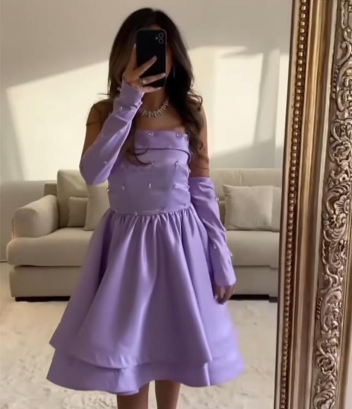 Lilac Short Prom Party Dresses Knee Length Strapless Evening Dress Pearls Satin Layered Saudi Arabic Women Cocktail Gowns