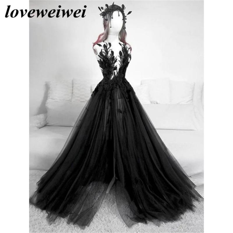 Black Feather Evening Dresses Appliques Lace Charming Prom Dress Party Dresses With High Split Sleeveless vestidos de noche