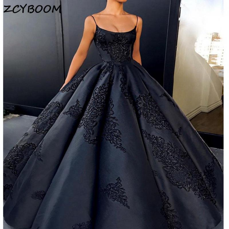 Black A-Line Evening Dresses 2023 Women Formal Party Vestido De Gala Elegant Spaghetti Straps Appliques Lace Backless Prom Gowns