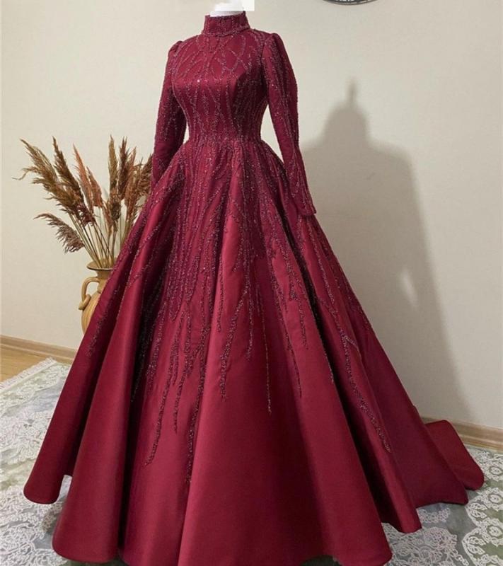 Real Image Burgundy High Neck Evening Dresses Long Sleeves Handmade Beaded Ruched Satin Prom Dress Zipper Back Formal Party Gown