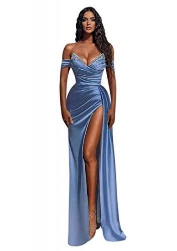 GUXQD Off Shoulder Mermaid Evening Gown Crystal Ruched High Slit Court Train Formal Party Arabic Princess Prom Dresses