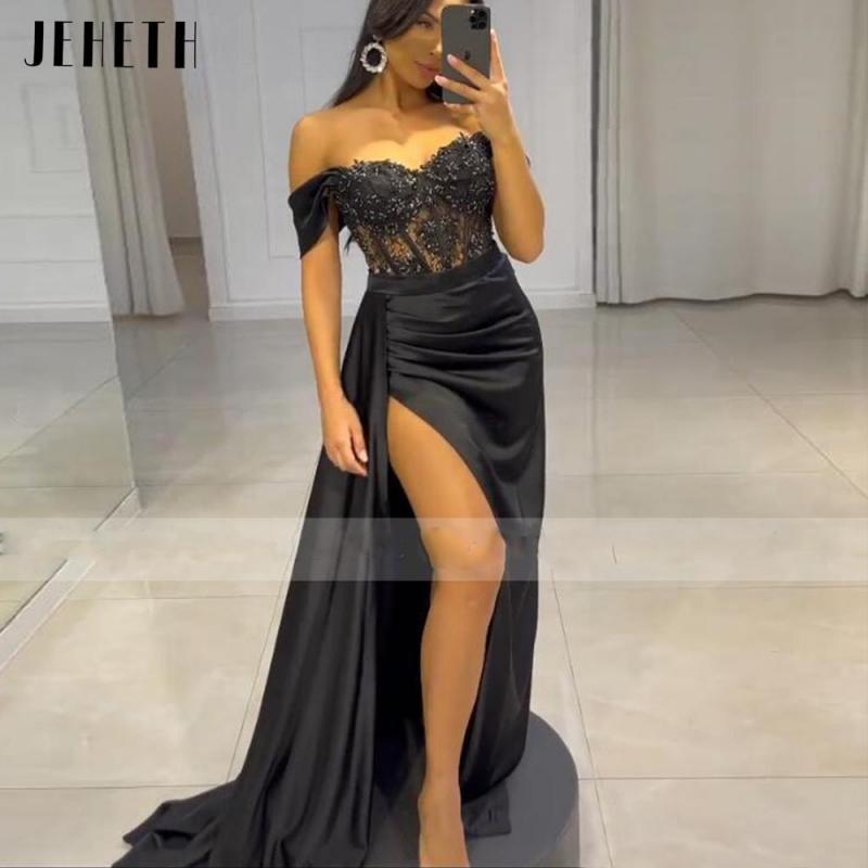 JEHETH Black Satin Evening Dress for Women Off the Shoulder Mermaid Gown Long Beading Applique Lace Illusion Split Party