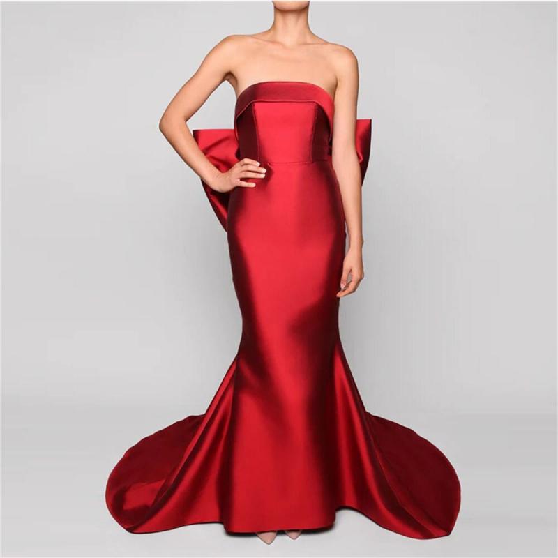 JEHETH Dark Red Prom Dress Long 2023 Big Bow Strapless Sweep Train Satin Mermaid Formal Evening Party Gowns Robe De Soiree