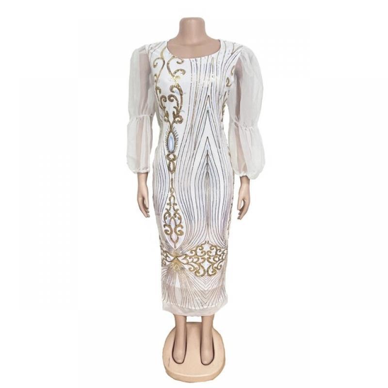 Luxury Plus Size  African Hight Waist Puff Sleeve Sequin Maxi Dress for Women Elegant Lady Wedding Evening Party Dresses
