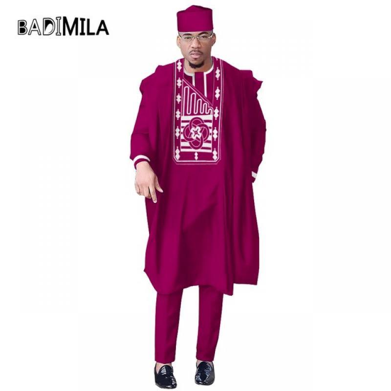 African Men Dashiki Clothes Shirt Pants Suit Bazin Riche Ankara Embroidery Long Sleeve Tops Trouser with Hat 4 PCS WYN1884