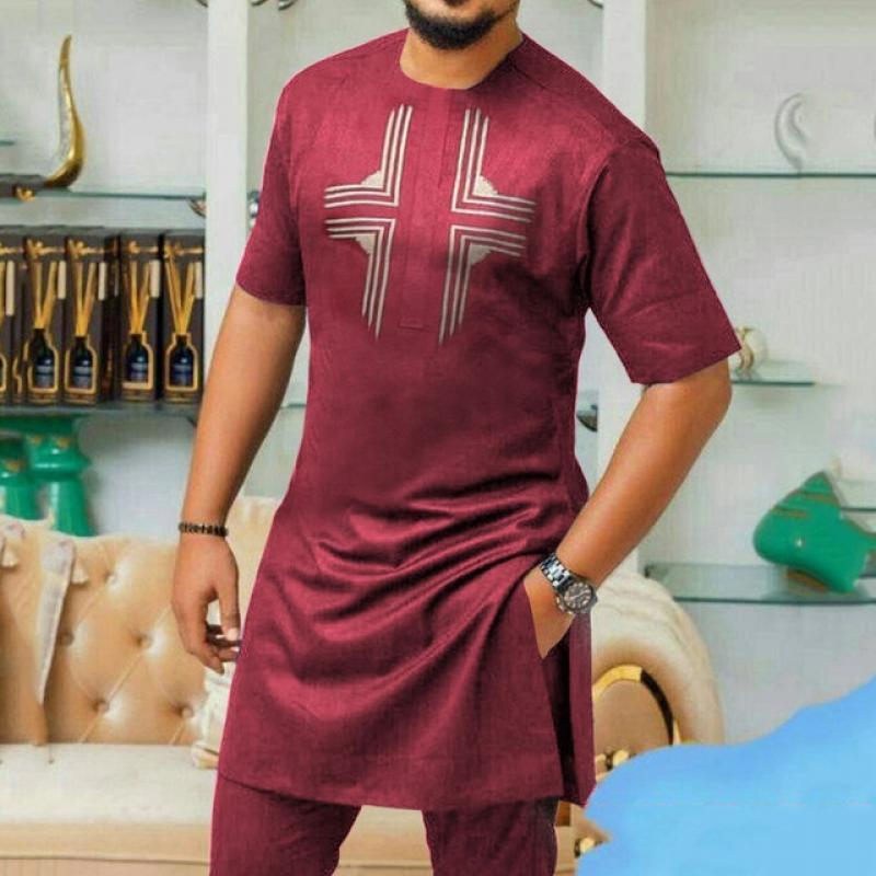 Fashionable Ethnic Style African Dashiki Men's Mid-Length T-Shirt New Summer Geometric Print Short Sleeve Shirt Casual Tops