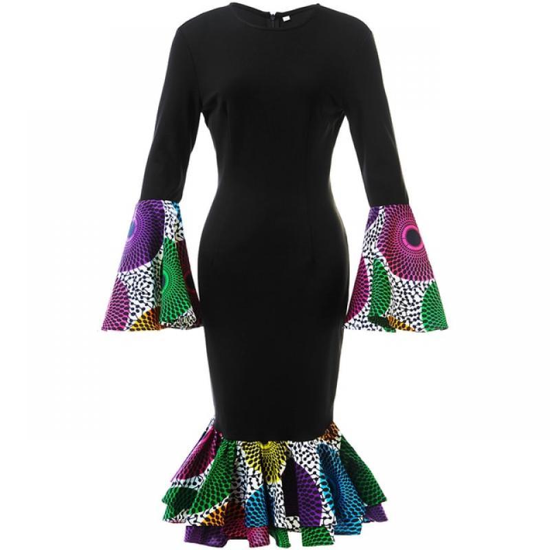 African Dresses For Women Fashion Long Sleeve Autumn Dress African Plus Size Clothes Ankara Print Ladies Black Dresses