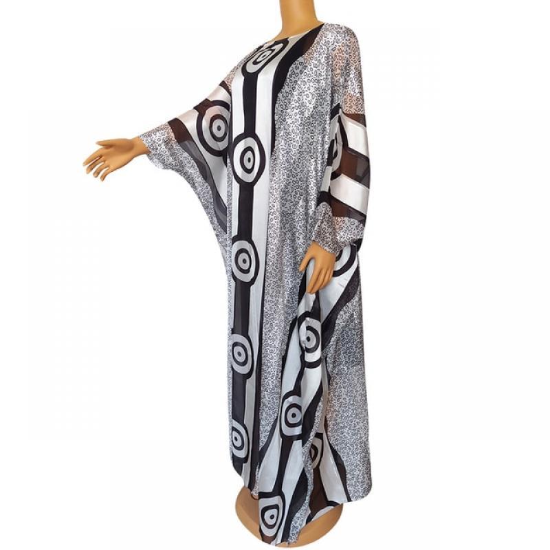 2023 High Quality Abayas For Women Geometric Print Bat Sleeve Classy Ladies Party Maxi Dress Basic O-collar Long Robe Retro