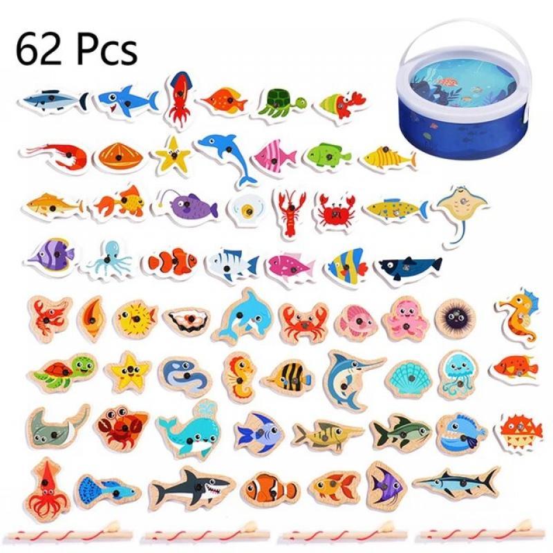 Montessori Wooden Magnetic Fishing Toys for Baby Cartoon Marine Life Cognition Fish Games Education Parent-Child Interactive