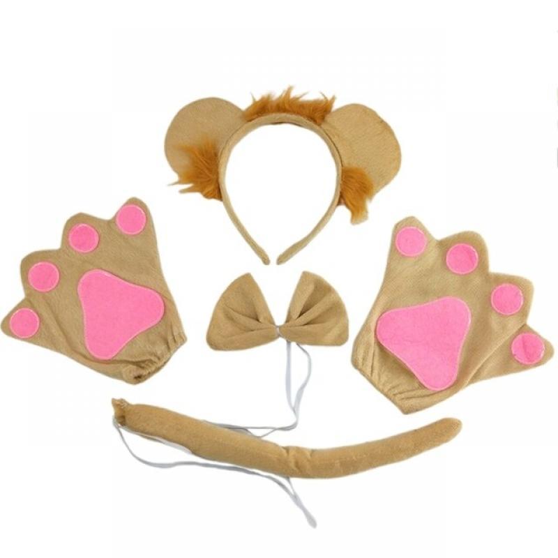 Lion Costume Set Ears Headband Tail Gloves Bow Plush Animal Fancy Costume Kit Accessories Halloween Cosplay Accessories