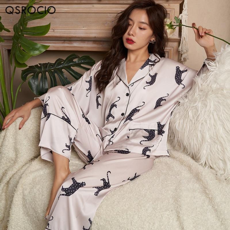 QSROCIO High Quality Women's Pajamas Set Luxury Leopard Print Loose Top Sleepwear Silk Like Nightwear Leisure Homewear Femme