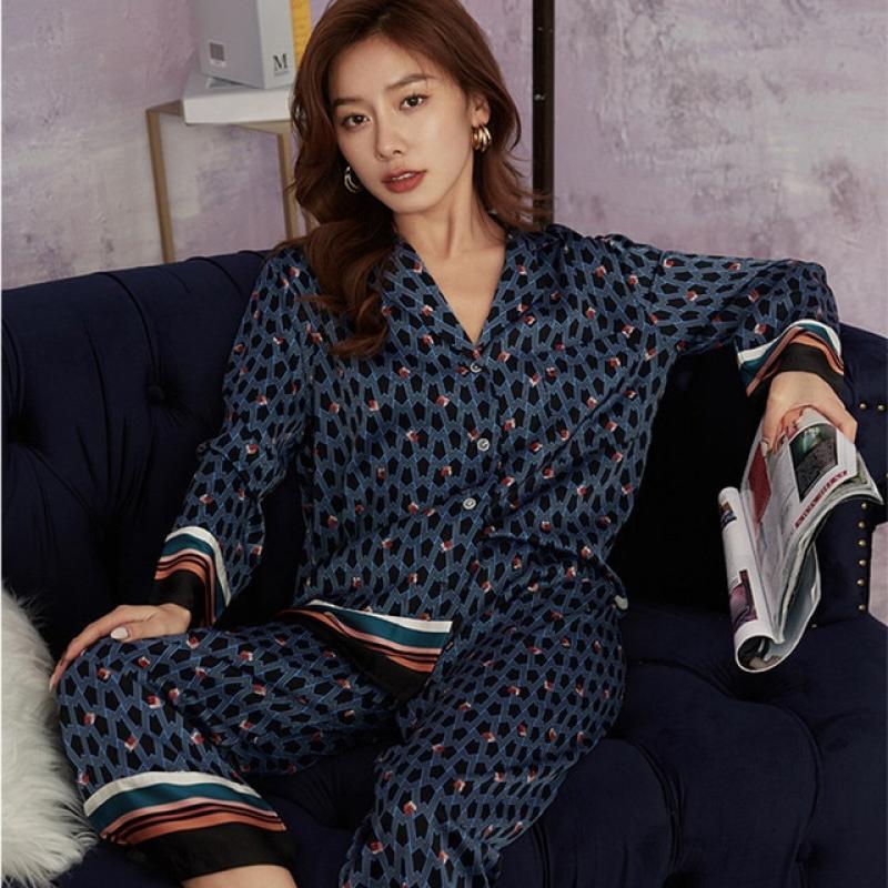 QSROCIO Women's Pajamas Set Luxury Instagram Style Fashion Stripes Sleepwear Silk Like Nightgown Leisure Home Clothes Nightwear