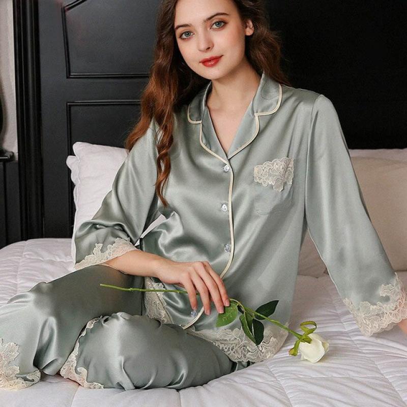 19MU 100% Real Silk Women Pajamas Flower Embroidery 2Pcs Kimono Long Pant Pajama Sets 100% Mulberry Silk Pyjamas Women Sleepwear