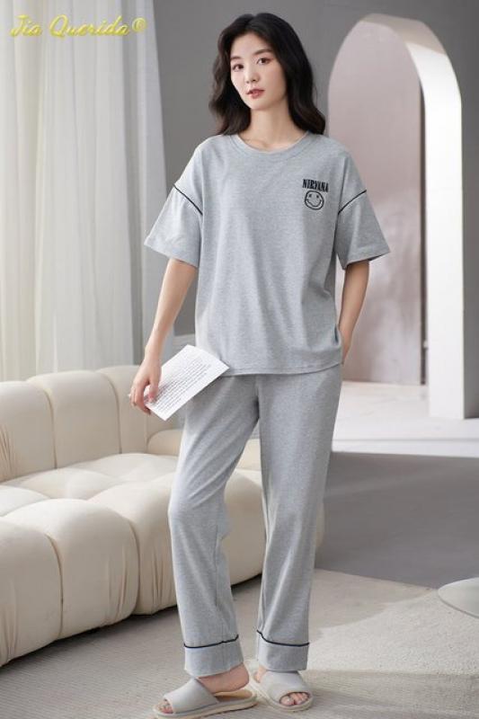 Summer Cotton Nightwear Fashion Short Sleeve Long Pants Pajamas Women's Casual Loungewear Leisure Homsuit Lazy Style Sleepwear