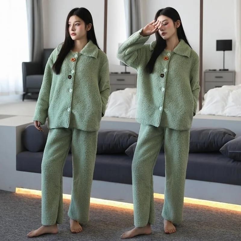 Women Pajamas Set Thick Winter Flannel Homewear Female Sleepwear Long-sleeved Velvet Home Clothes Trouser Suit