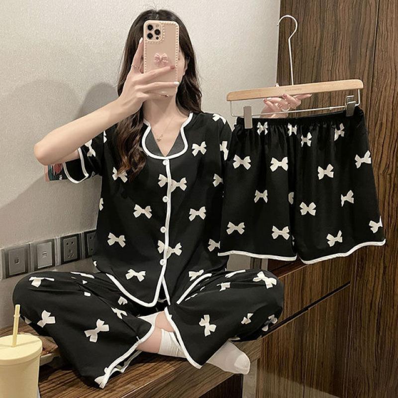 5XLSpring/Summer 2023 New Summer Ice Silk Pajamas  Short-sleeved Fashion Three-piece Twin Home Pajamas for Women Sleepwear Women