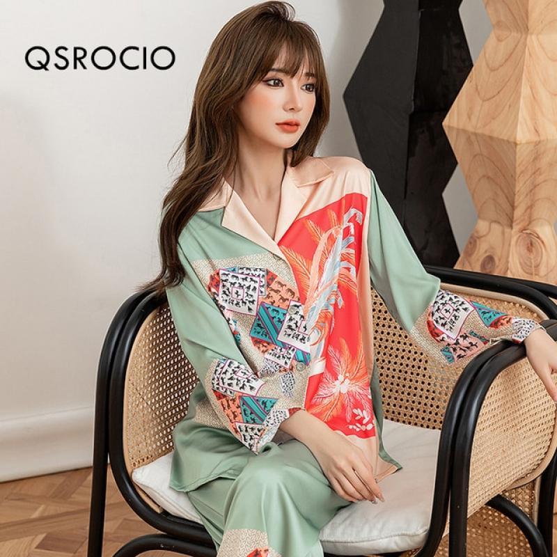 QSROCIO High Quality Women's Pajamas Set Plant Print Silk Like Homewear Sleepwear Elegant Nightwear Femme Leisure Home Clothes