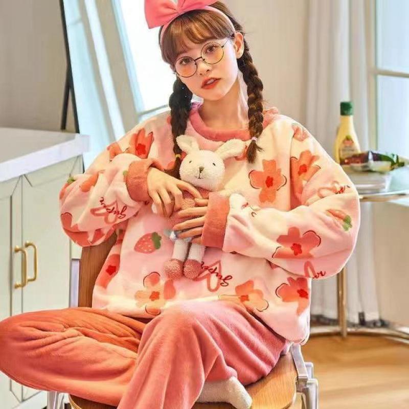 Flannel Pajamas Women's Two-piece Coral Thick Fleece Homewear New Loose Casual Women's Cartoon Pajamas