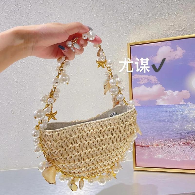 Bohemian Pearls Straw Bag Conch Starfish Women Handbags Half Moon Beach Shoulder Bag Designer Rattan Crossbody Bags Ladies Tote