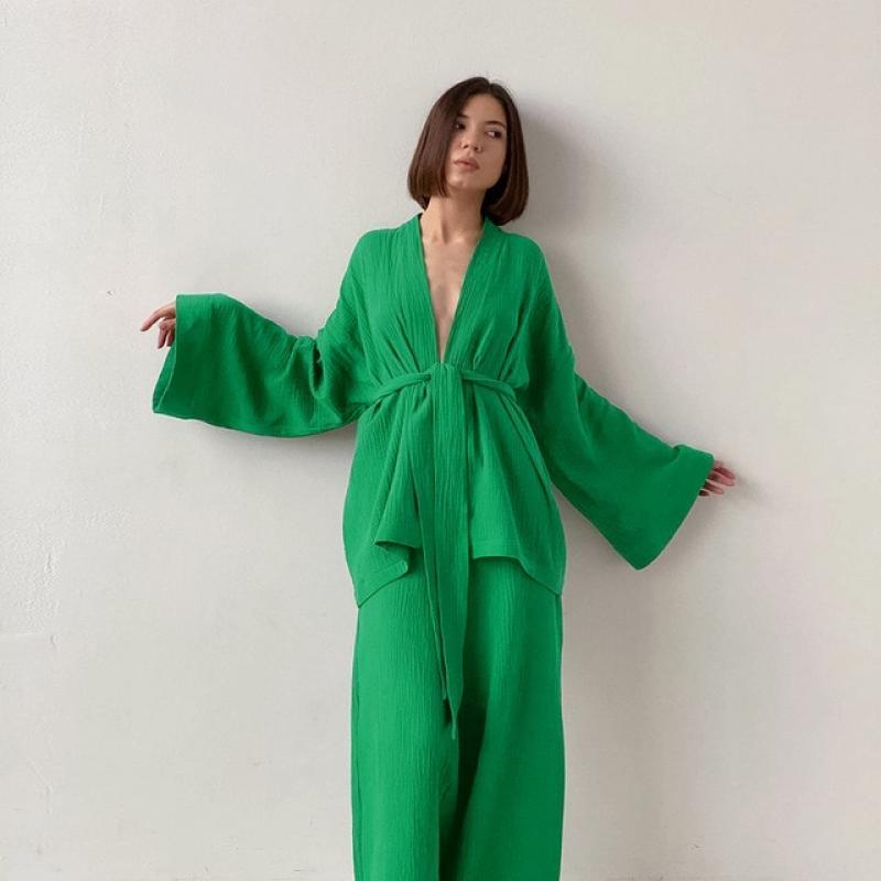 2022 Spring/Summer French style loose nightgown trousers double gauze women's pajamas solid color cotton women's sweat clothes