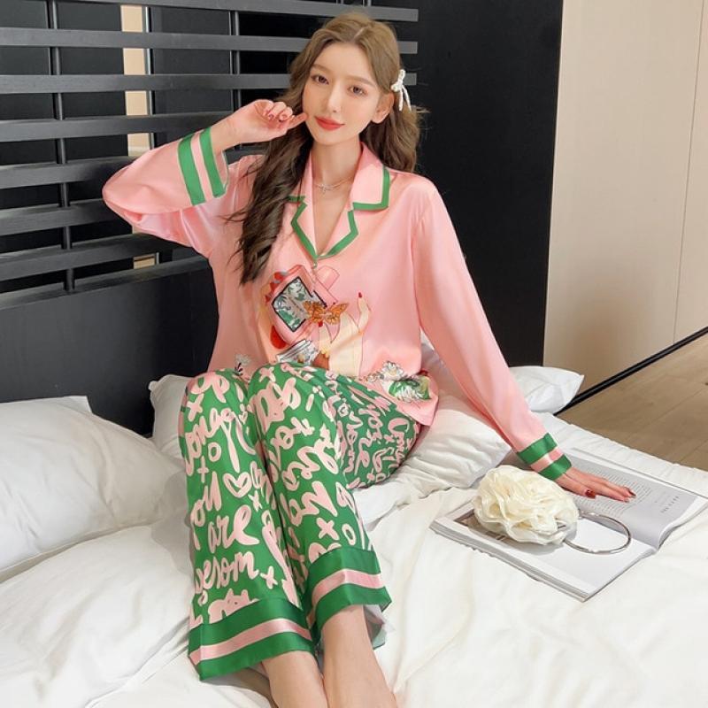 Jxgarb 2023 Spring New Satin Printing Women Leisure Pajamas Sets Two Pieces Femme Like Silk Touch Soft Sleep Home Clothes Pijama