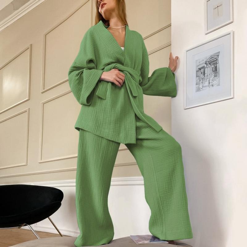 NHKDSASA Women's Nightgown Robe Pajama Sets 100% Cotton Flare Nightgown Trouser Suits Drop Sleeves Set Woman 2 Pieces Bathrobe