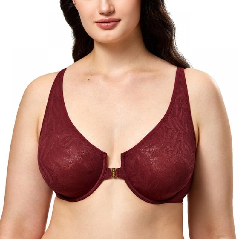 Women's Lace Front Closure Bra Plus Size Sexy Plunge Sheer Mesh Transparent Full Coverage Unlined Underwire DD E F