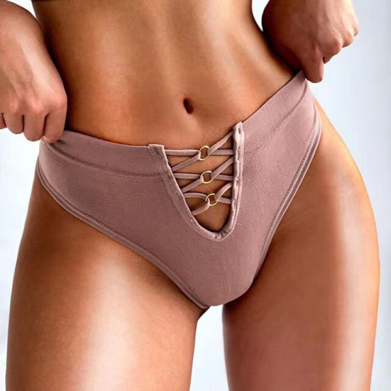 Sexy Women Thong Hollow Cross Briefs Female High Elasticity G-string Fashion Circle Bikinis Panties Mid-waist Underwear