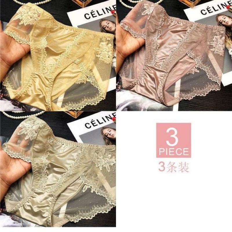 High-end Satin Modal Women's Mid-waist Briefs New Product, Buttocks Light Luxury Sexy Lace Cotton Crotch 7 Colors