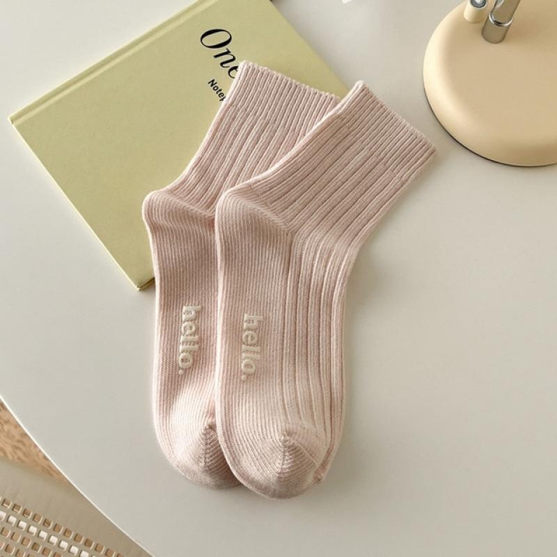 Spring Summer Korean Women Socks Japanese Hot Stamping Hello Printing Cotton Socks Female Casual Simple Cute Socks