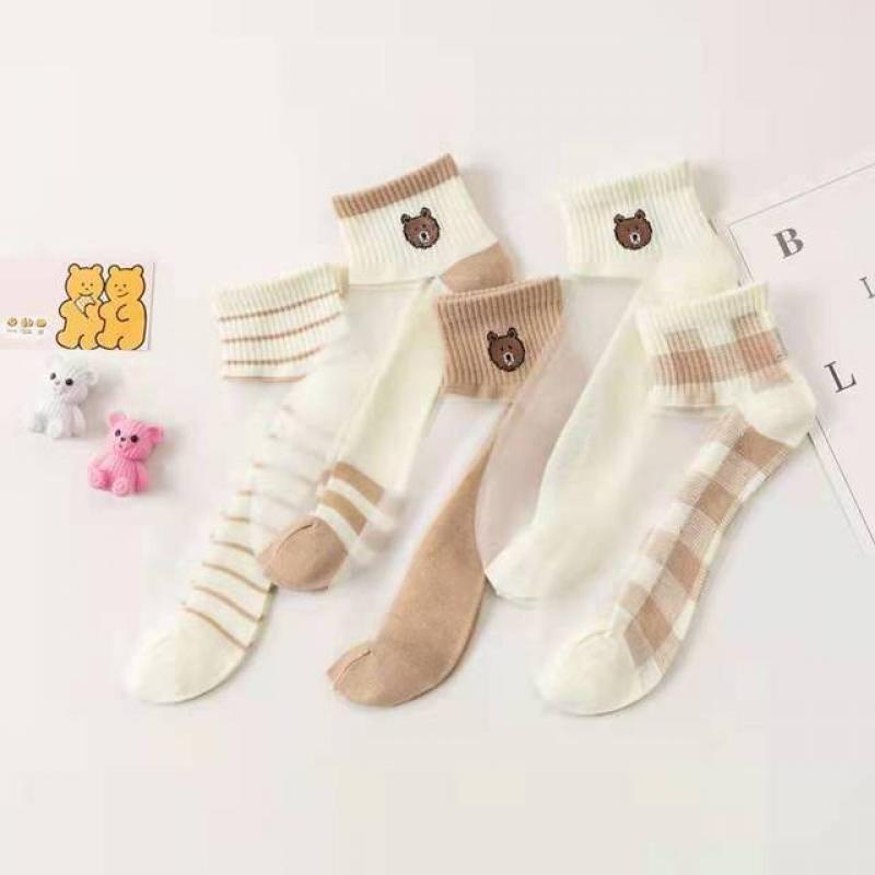 5 pairs of women's socks ins damp cotton bottom glass silk crystal stockings spring and summer thin summer boat socks women tran