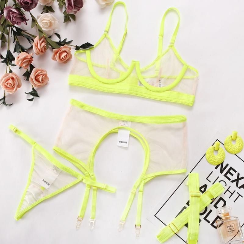 MeiKeDai Neon Sensual Sexy Female Lingerie Transparent Bra Panty Set 3-Pieces See Through Seamless Exotic Sets Fancy Underwear