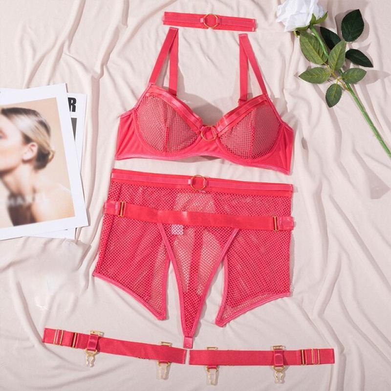 Women Sexy Mesh Lingerie Set Erotic Underwear Garters Transparent Ladies Bra and Panty Bandage Set Necklace Hot Nightclub Suit