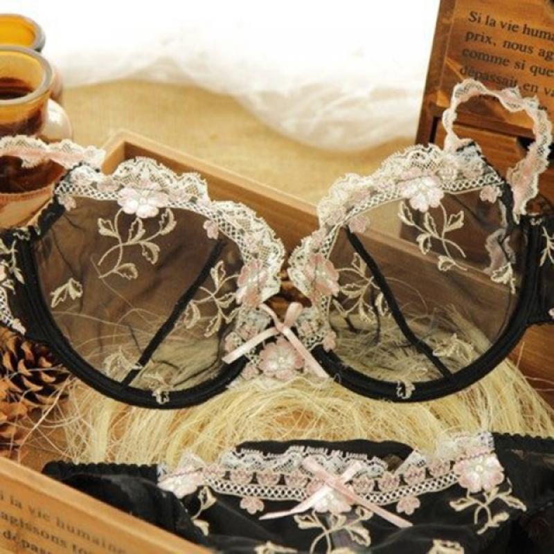 Logirlve Exquisite embroidery lotus pink ultra-thin women's sexy transparent lace underwear bra set