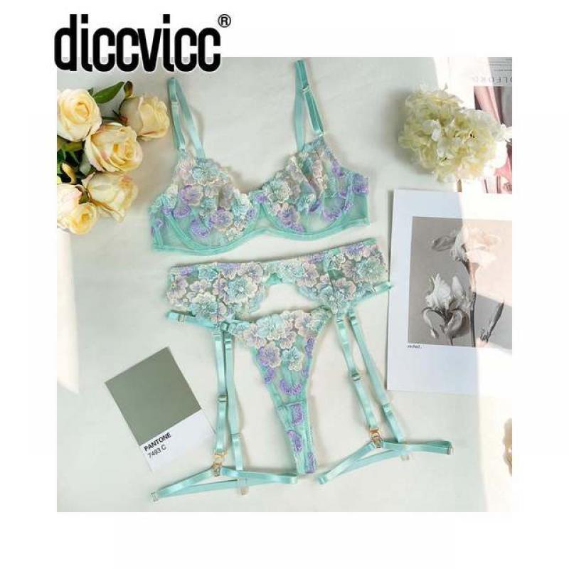 Diccvicc Sexy Intimate Women Elegant Floral Lace Embroidery Bra Garter Panty Set Female Underwear Exotic Outfit Fancy Clothing