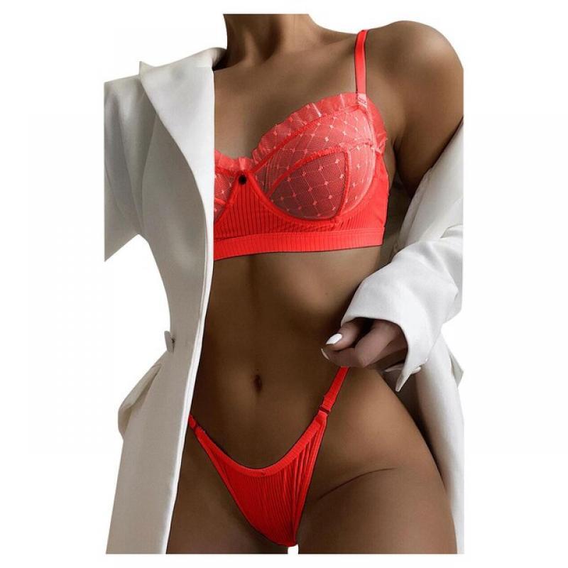 Women's Ruffled Lace Mesh Lace Lingerie 2 Piece Set Women's Underwear Set Transparent Bra Panties Briefs Set Suspender Bra Set