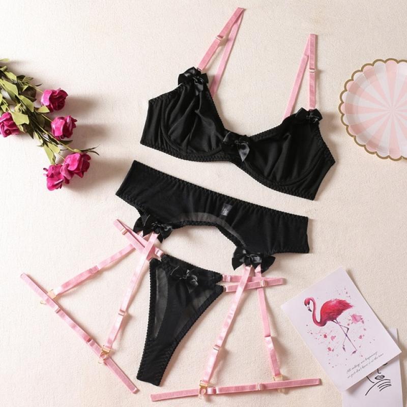 Transparent Mesh Lingerie Women Sexy Contrast Color Bowknot Patchwork Intimate Fairy Garter Belt Set Erotic Bra And Panty Set