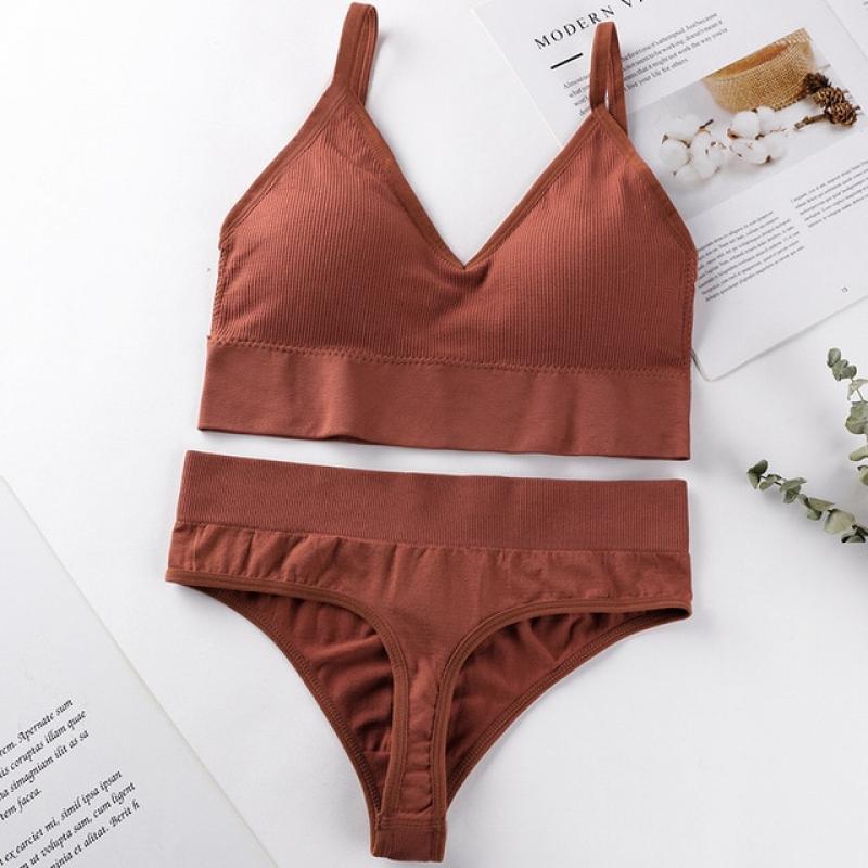 Qisin French Backless Push Up Underwear Set Women Sexy Seamless Bralette Female Lingerie Soft Tank Crop Top Gym Sport Bra Set