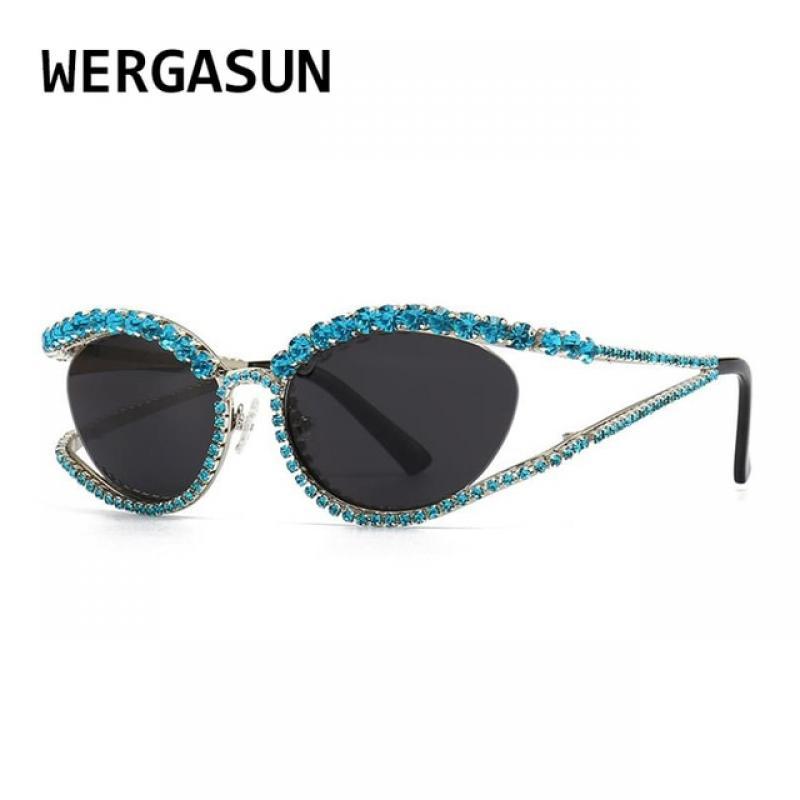WERGASUN New Luxury Diamond Shiny Sunglasses Women Brand Designer Irregular Cat Eye Crystal Sun Glasses For Men Fashion Eyewear